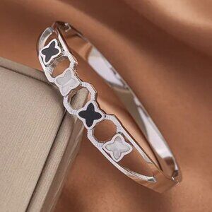 Stainless Steel Silver Tone Clover Bangle, Pearl White And Black